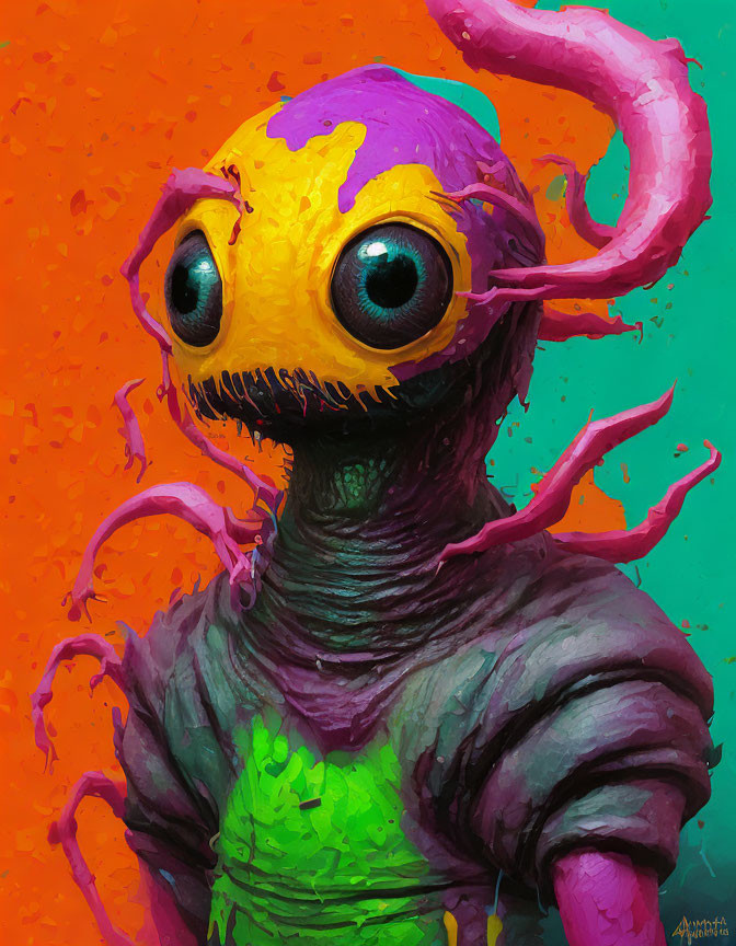 Whimsical creature with large eyes, yellow head, purple tentacles, and green body on vibrant