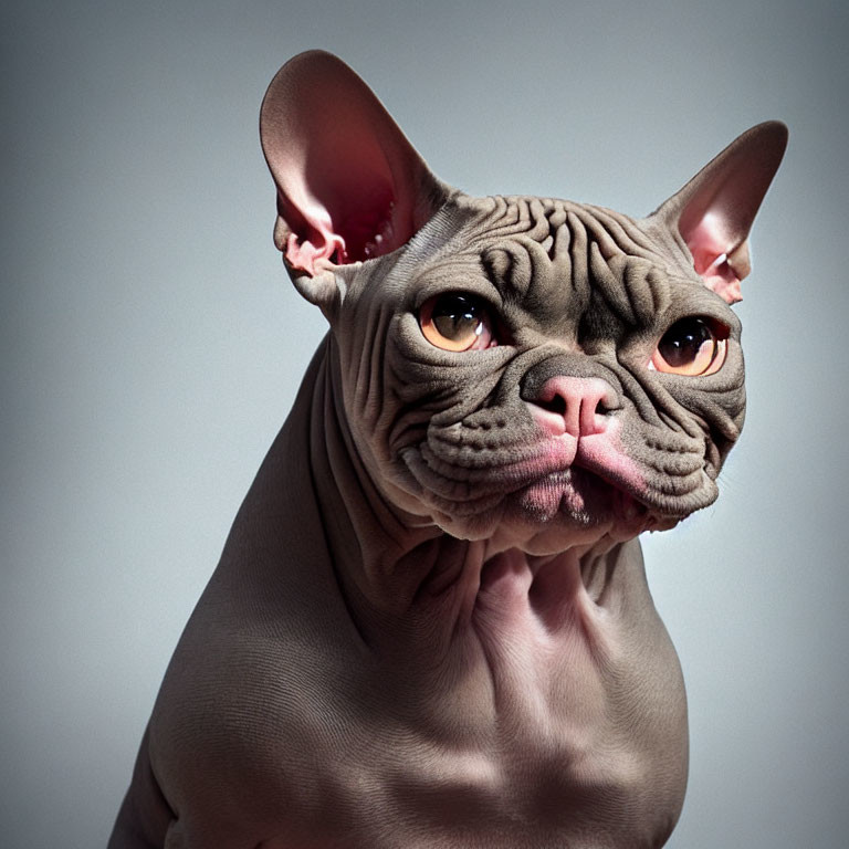 Digital artwork: Sphynx cat features mixed with muscular dog, creating surreal animal with wrinkles,