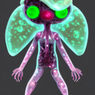 Translucent alien with green eyes and internal structures on dark background