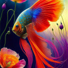Colorful Goldfish Artwork Among Purple and Orange Flowers