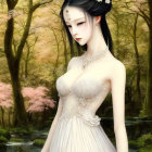 Digital Artwork: Pale-skinned Woman in White Gown Surrounded by Pink Blossoming Trees