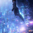 Purple-haired anime-style female character in futuristic cityscape