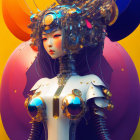 Futuristic digital artwork of female figure with ornate headdress and colorful spheres