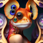 Colorful digital artwork: Fantastical frog with multiple eyes and vibrant skin in floral setting