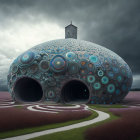 Whimsical brain-shaped building under stormy skies with lighthouse and red field