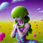Stylized animated female figure meditating in vibrant meadow under purple sky