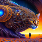 Surreal artwork: person meets intricate cat creature in desert