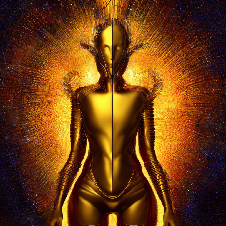 Reflective golden humanoid figure with cosmic backdrop and mystical aura