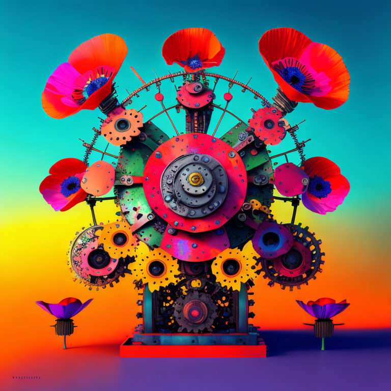 Surreal artwork: Mechanical ferris wheel with red poppy carriages on sunset gradient.