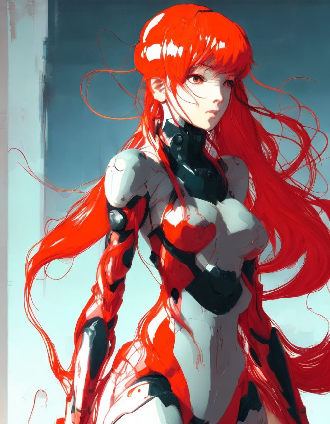 Red-Haired Female Character in Futuristic Armor Suit on Blue Background