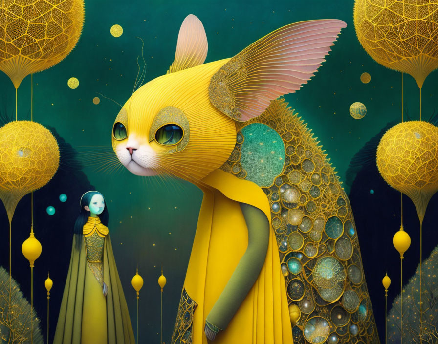 Whimsical illustration of giant yellow cat with intricate patterns and small human figure on teal background.