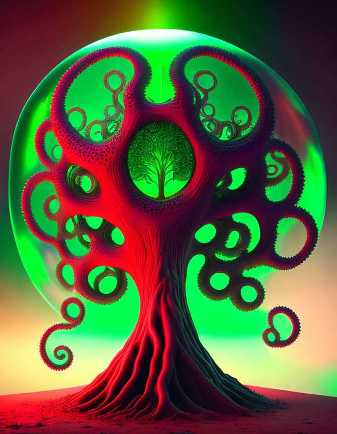 Intricate Fractal Tree with Glowing Red and Green Circular Backdrop