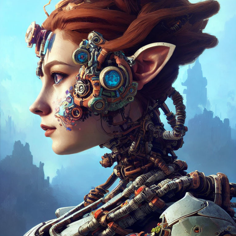 Fantasy-themed image of female character with elfin ears and cybernetic enhancements
