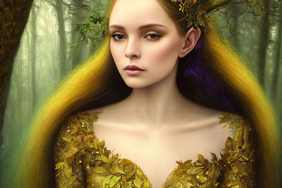 Mystical woman with golden hair and purple streaks in leafy gold shoulder piece in enchanted forest