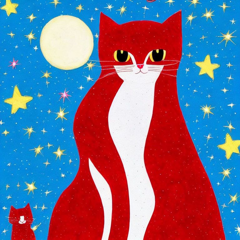 Illustration of large red and white cat under night sky with stars and full moon