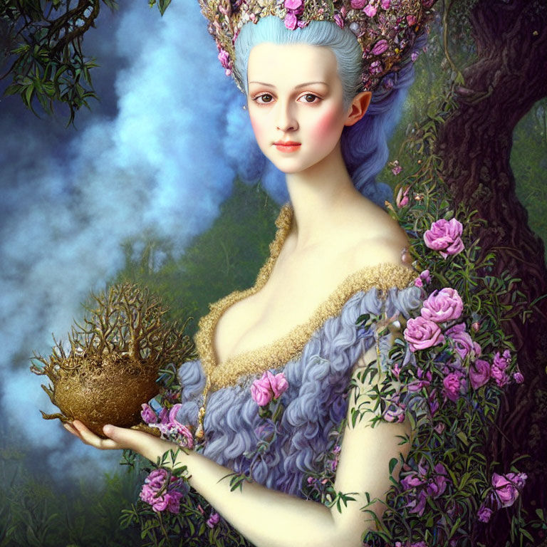 Ethereal woman with nest-like crown in lush landscape