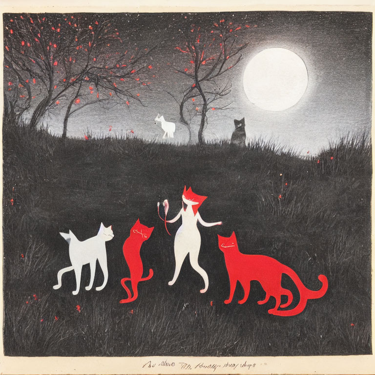 Four Cats and Dog Under Full Moon on Night-time Hill