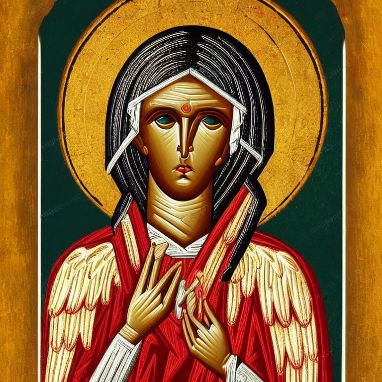 Stylized painting of angelic figure in red robe with halo