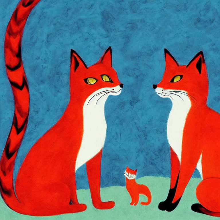 Three red foxes on blue background: two large, one small