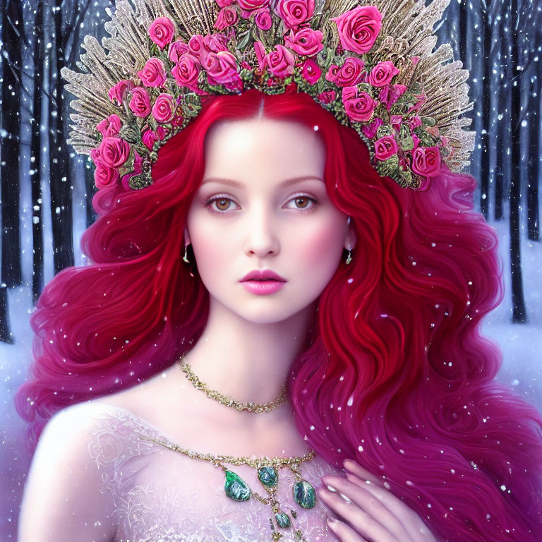Digital portrait of woman with red hair, pink rose crown, snowy forest backdrop