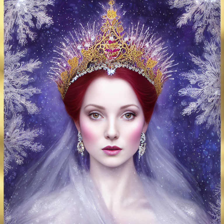 Red-haired woman with golden crown in frosty setting and snowflakes