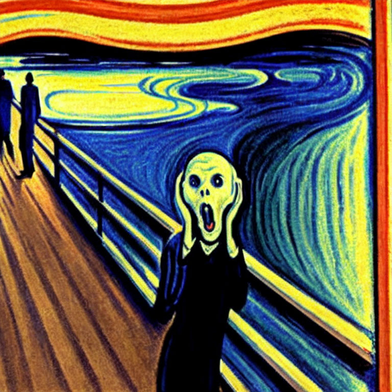 Horrified figure with swirling blue and yellow background