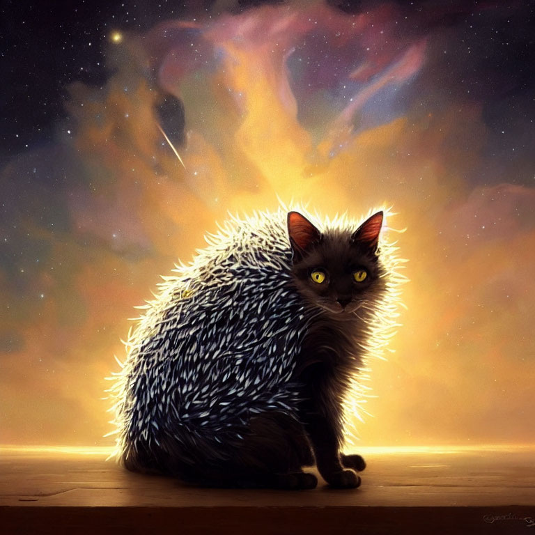 Fantastical creature: hedgehog body, black cat face, glowing yellow eyes, cosmic backdrop