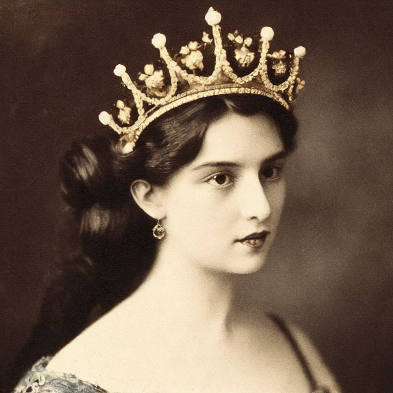Sepia-Toned Vintage Photo of Young Woman in Crown and Gown
