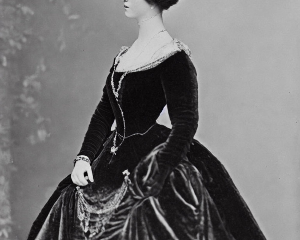Vintage black-and-white photo of woman in formal velvet dress with lace collar, tiara, adorned hairstyle