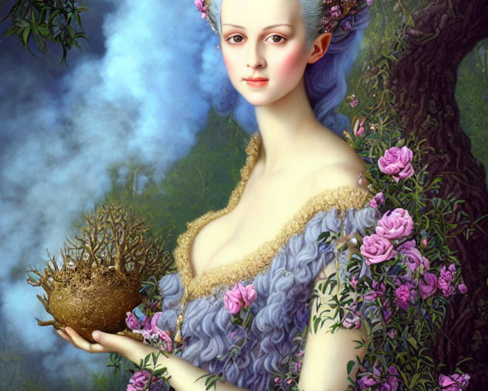 Ethereal woman with nest-like crown in lush landscape