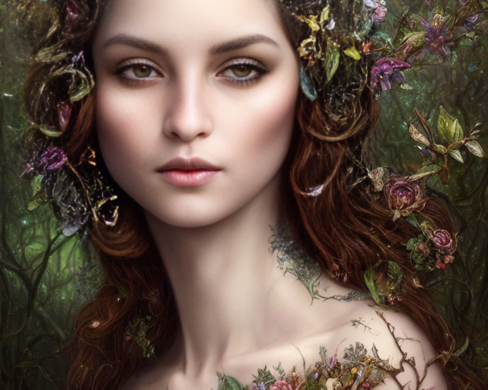 Portrait of Woman with Floral Crown in Botanical Setting