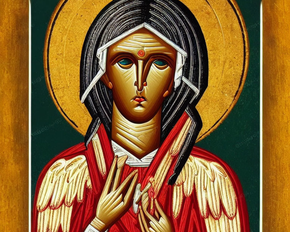 Stylized painting of angelic figure in red robe with halo