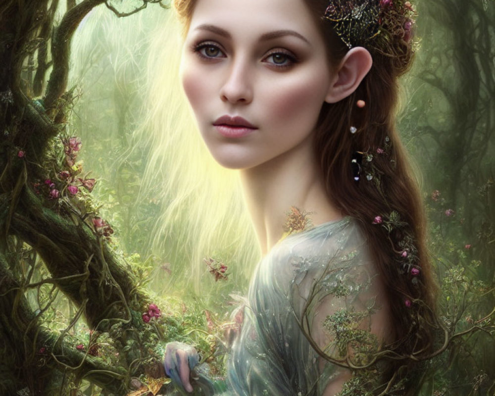 Mystical woman in floral crown in enchanted forest