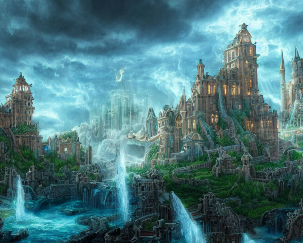 Mystical city with grand buildings and waterfalls under stormy sky
