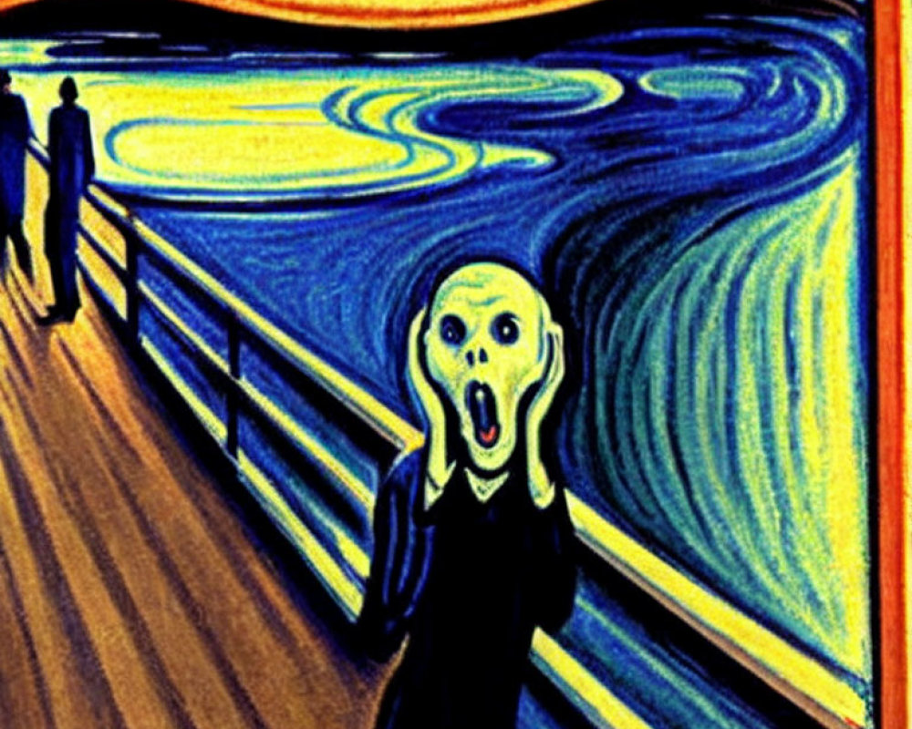 Horrified figure with swirling blue and yellow background