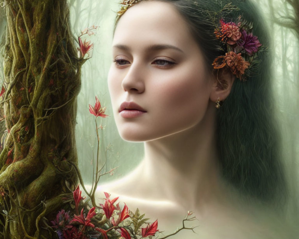 Woman with floral crown in misty forest setting.