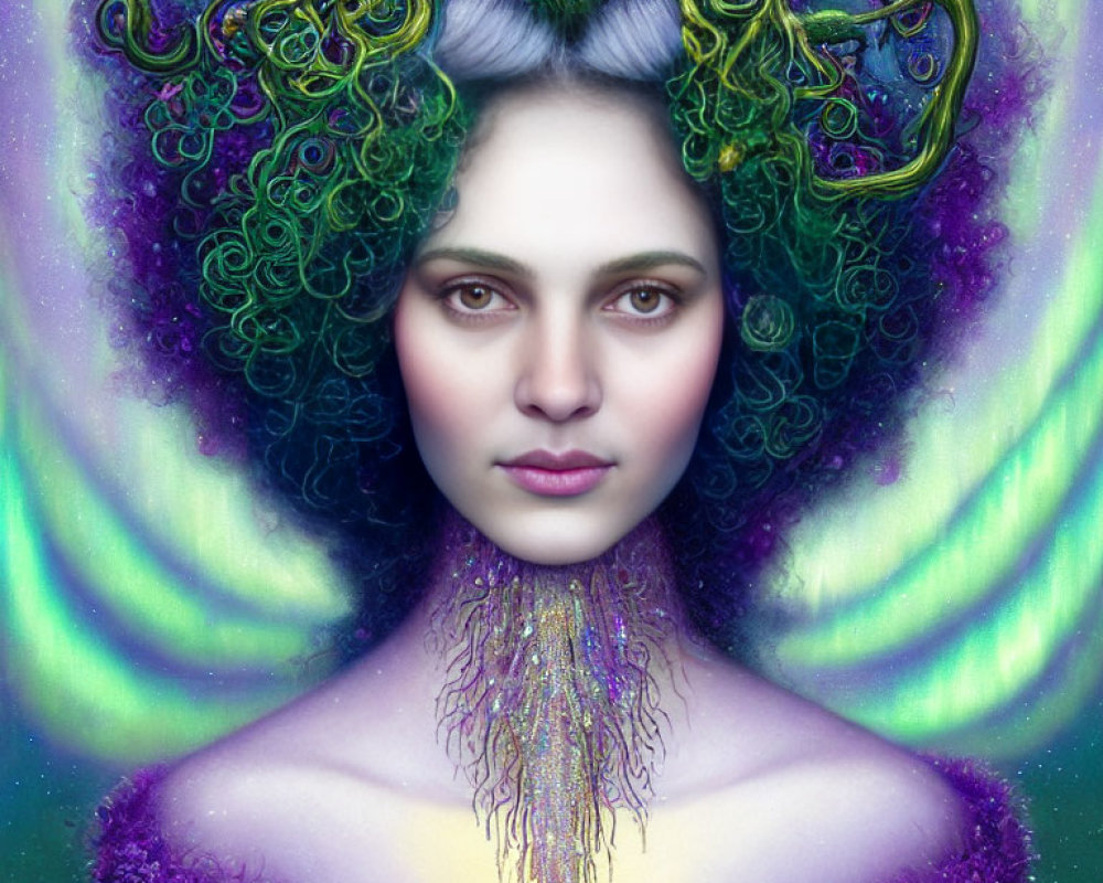Fantastical portrait of a woman with green curly hair, iridescent skin, and purple garment