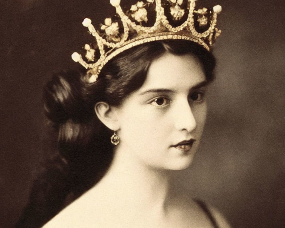 Sepia-Toned Vintage Photo of Young Woman in Crown and Gown