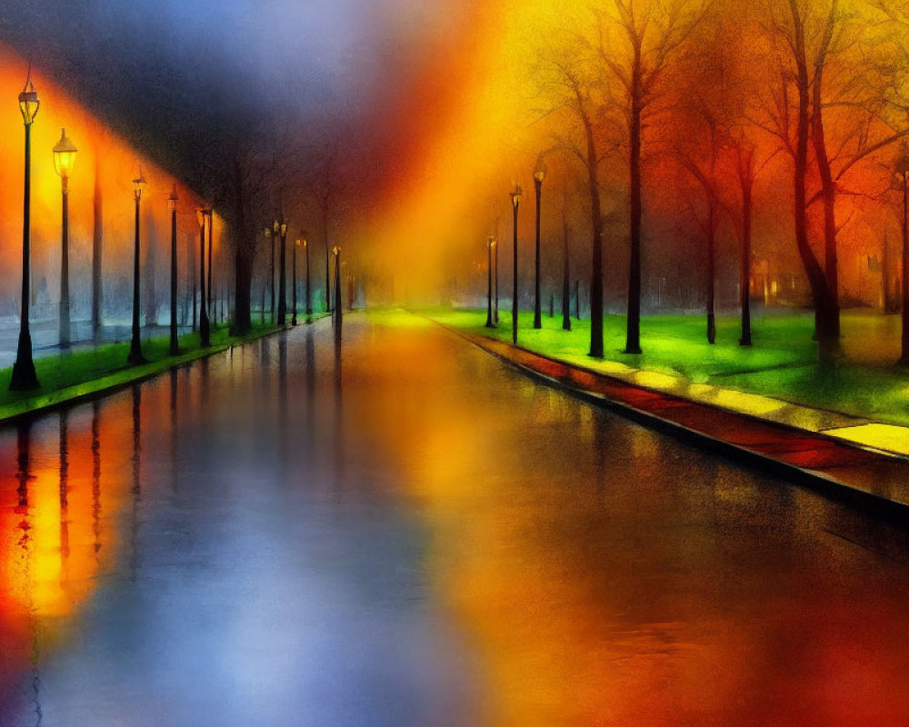 Colorful Painting of Wet Park Pathway with Street Lamps and Trees