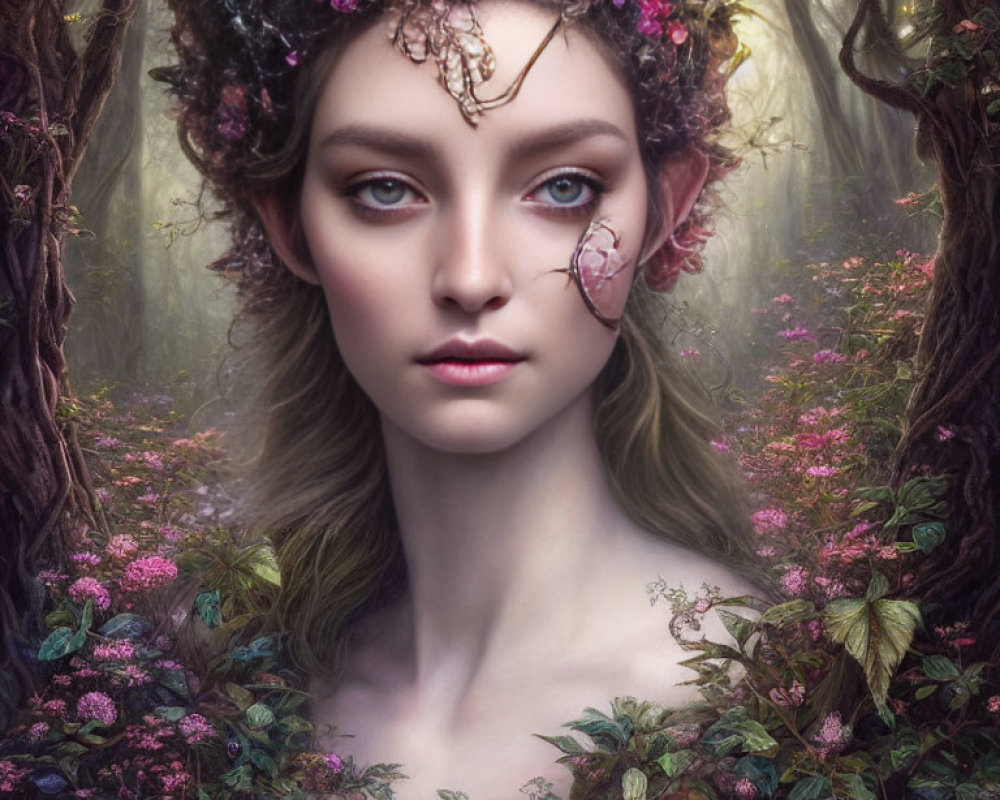 Mystical woman with floral crown in enchanted forest scene