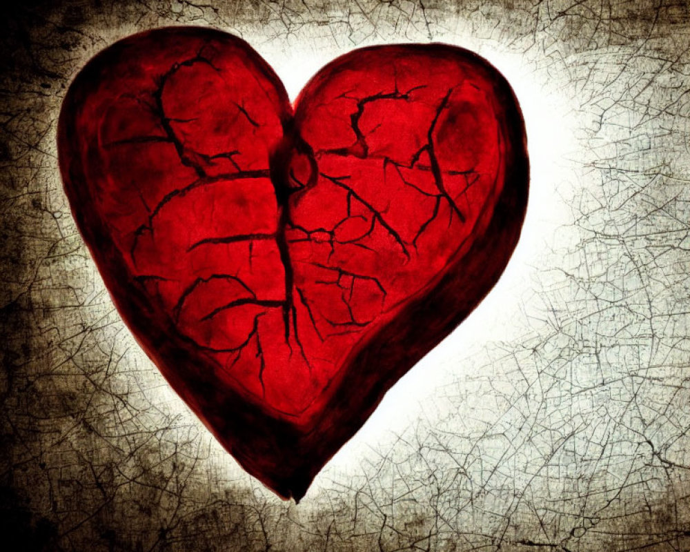Textured red heart with cracks on dark background.