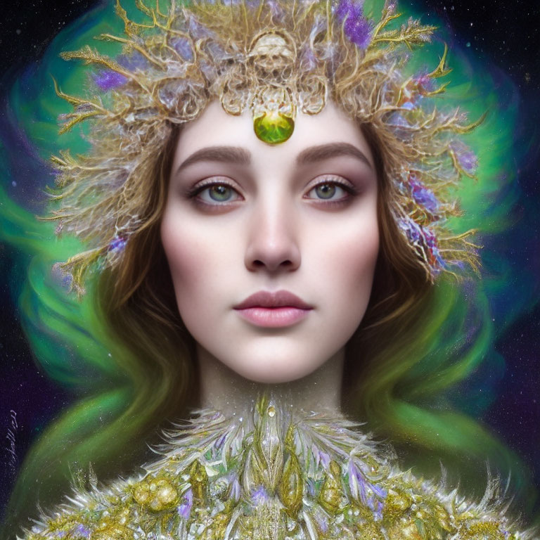 Fantasy portrait: Woman with green hair, golden crown, purple details, gem adornments