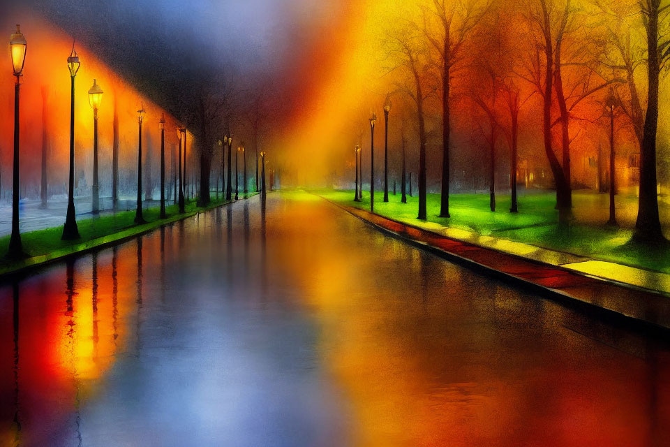 Colorful Painting of Wet Park Pathway with Street Lamps and Trees