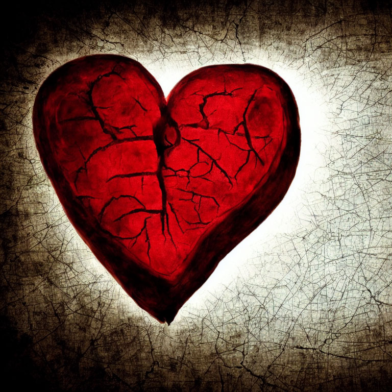 Textured red heart with cracks on dark background.
