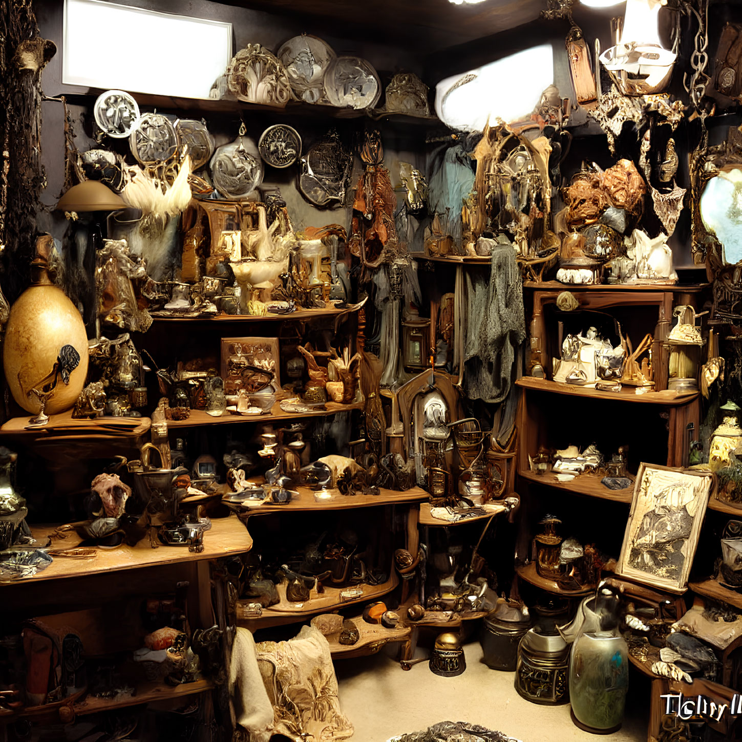 Eclectic antique shop with sculptures, plates, oddities, and artworks in dimly lit cozy setting