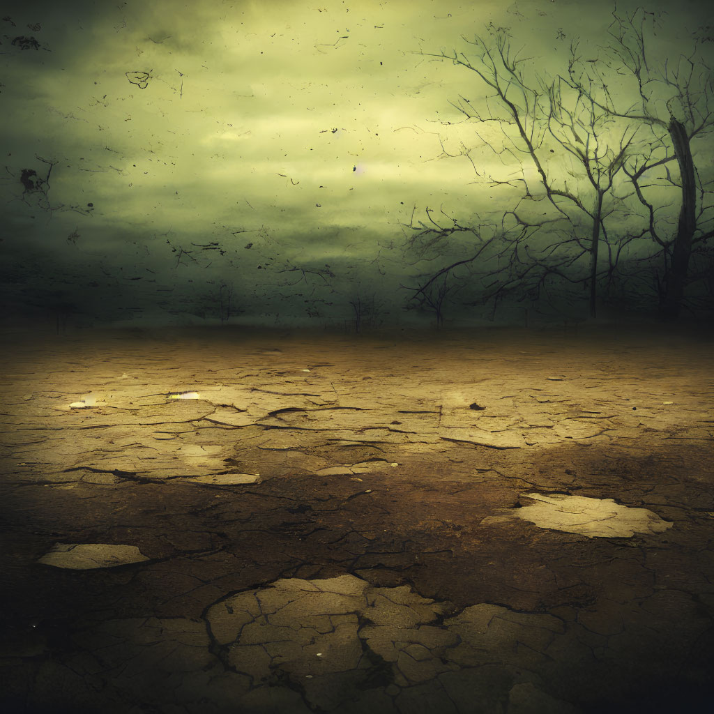 Barren landscape with cracked earth, leafless trees, and ominous sky.