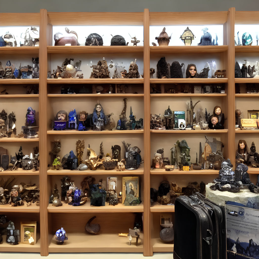 Ornate figurines of dragons, wizards, and castles on wooden shelves with black suitcase