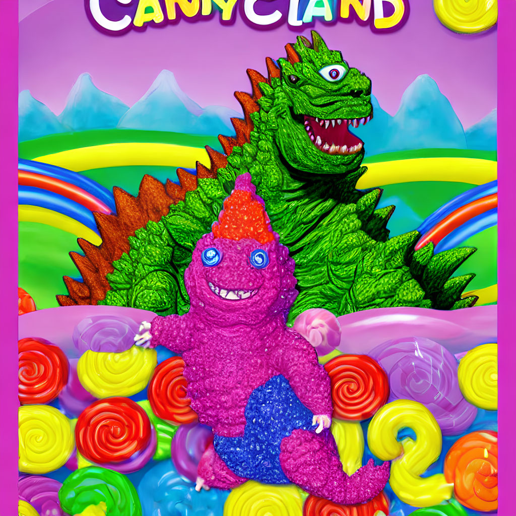 Vibrant illustration of pink creature, green dinosaur, candy scenery