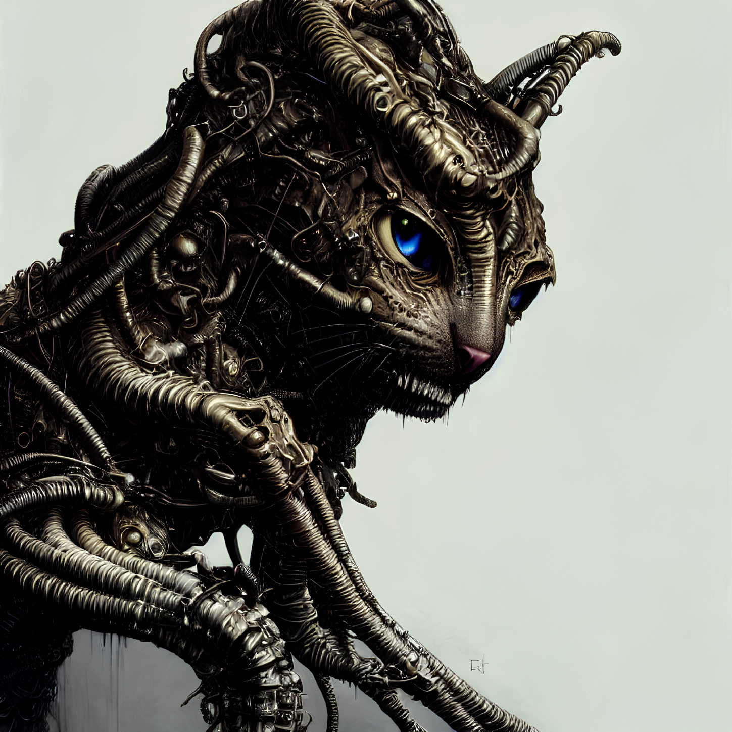 Detailed Illustration: Mechanical Cat with Intricate Metal Components and Striking Blue Eyes