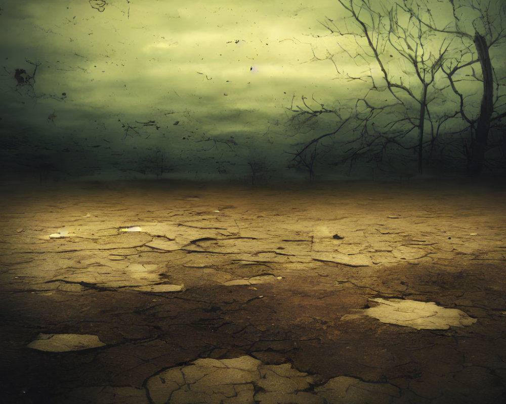 Barren landscape with cracked earth, leafless trees, and ominous sky.